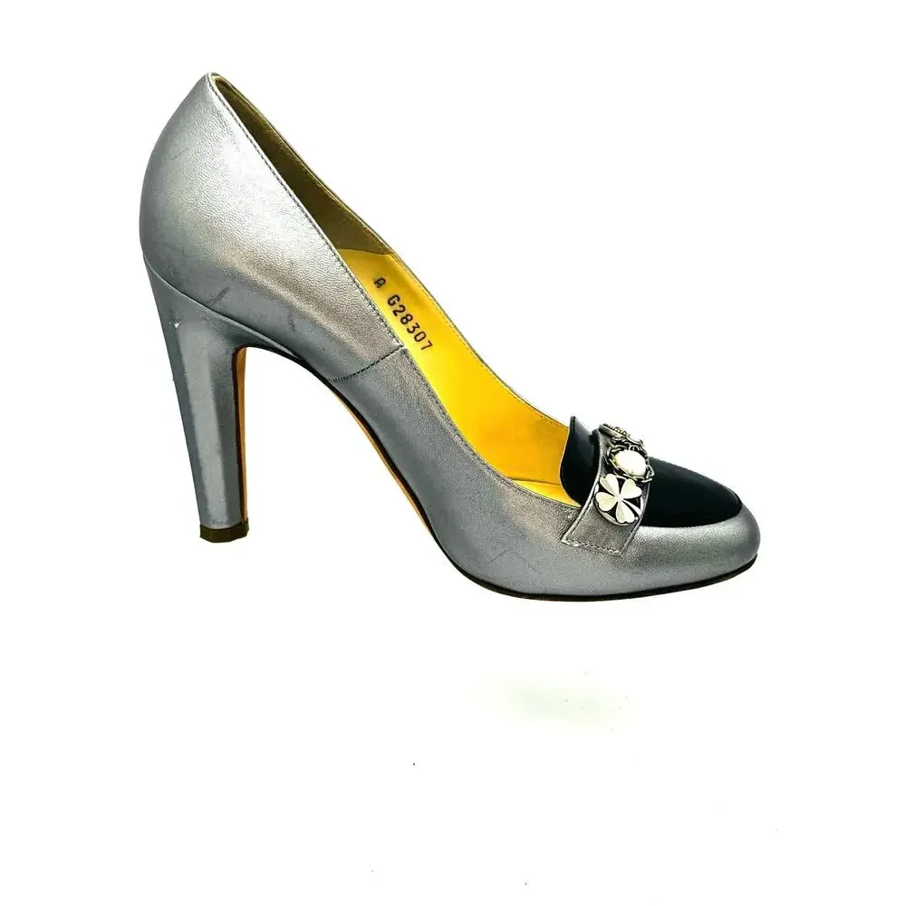 Chanel CC Logo Silver Black Cap Toe Pearl Crest Embellished Pumps EU 39